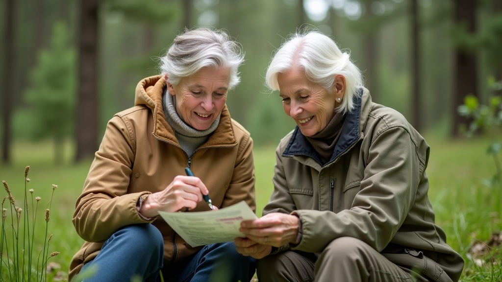 Dwie seniorki siedzące na trawie w lesie studiujące mapę topograficzną z kompasem w otoczeniu naturalnych piaskowników i sosnowych drzew